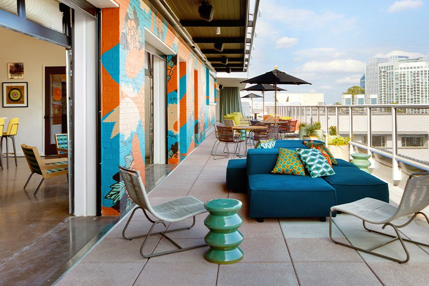 colorful rooftop bar and lounge overlooking atlanta