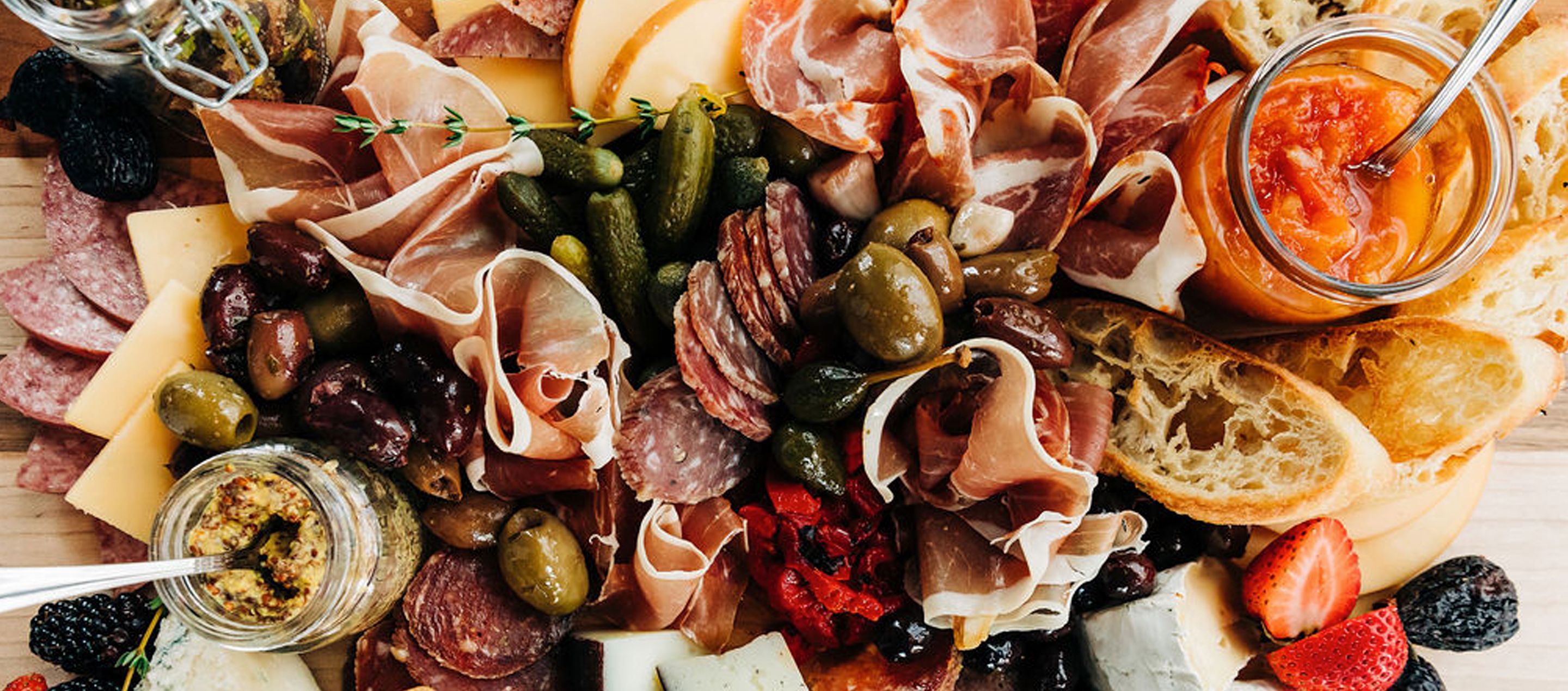 overhead view of charcuterie board