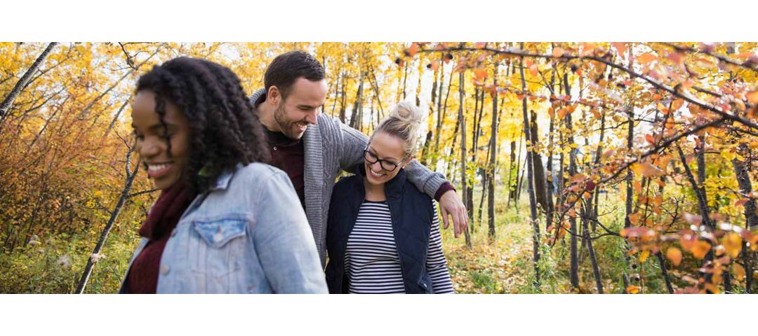 Three people walking amongst yellow leafed trees