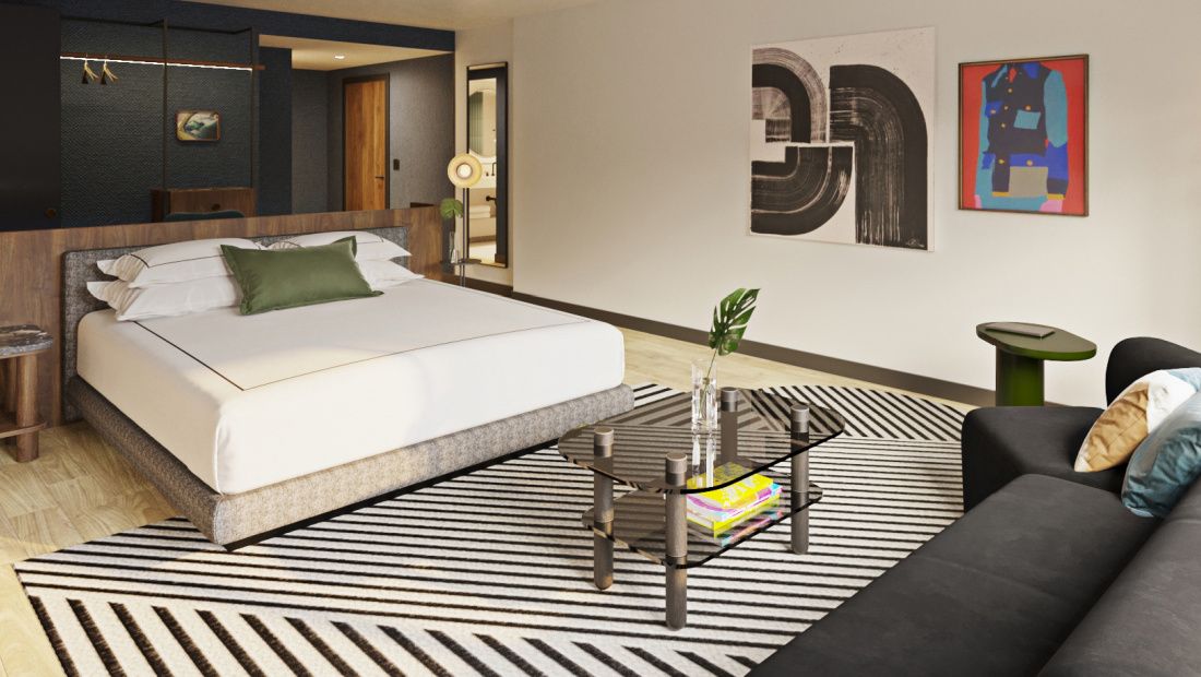 guestroom with striped run, colorful modern art, white bed
