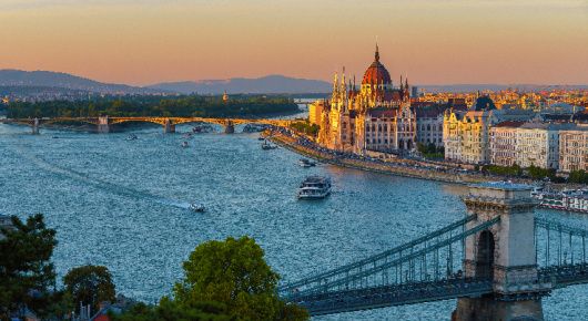 View looking over the river to historic architecture of budapest