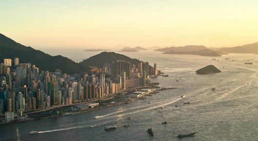 Airel view of Hong Gong shore line at dusk 