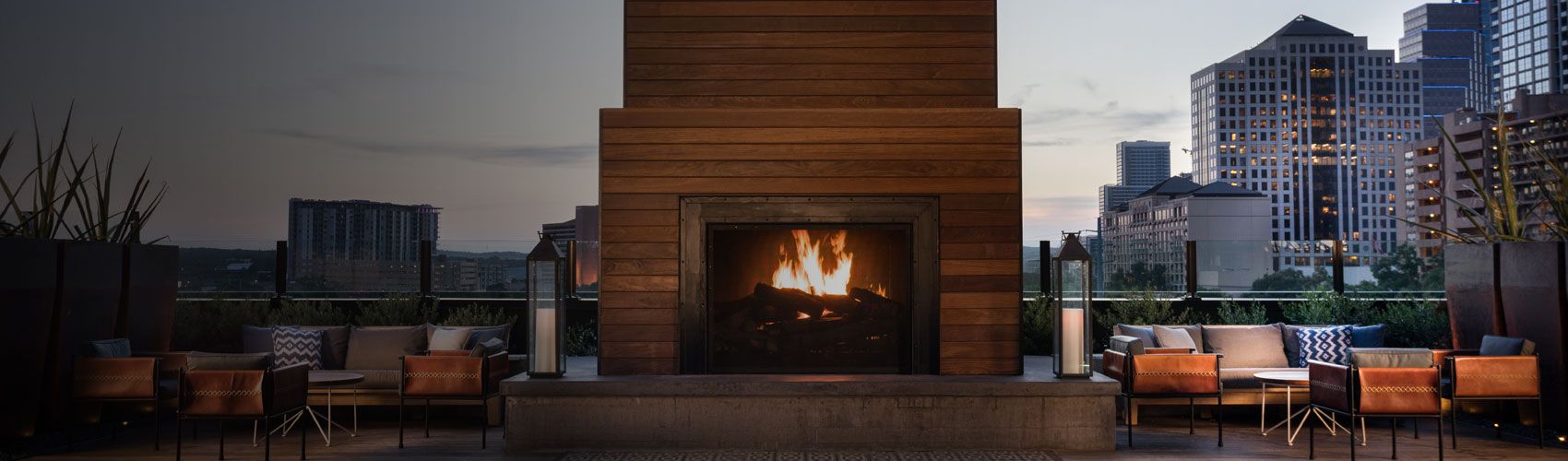 Roaring fireplace on an outdoor balcony 