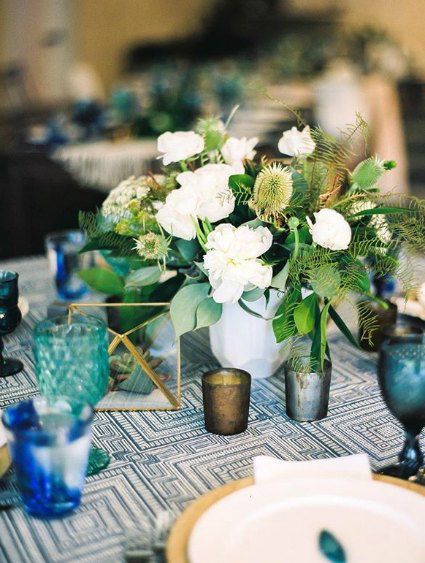 close up of a centerpiece and candles in blue, teal, green and white