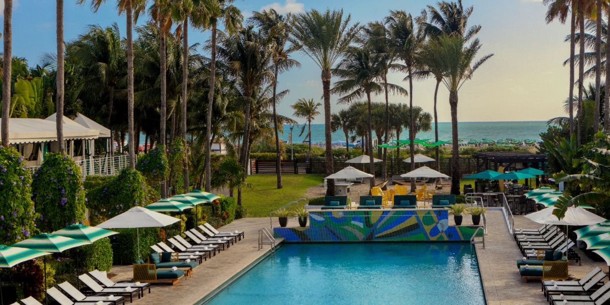 pool with umbrellas and lounge chairs with ocean views and palm trees 